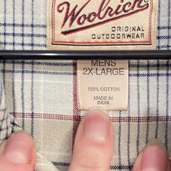 Woolrich Button Down Shirt Mens 2XL Mallard Duck Embroidery Beige Plaid Pocket - Picture 4 of 9
